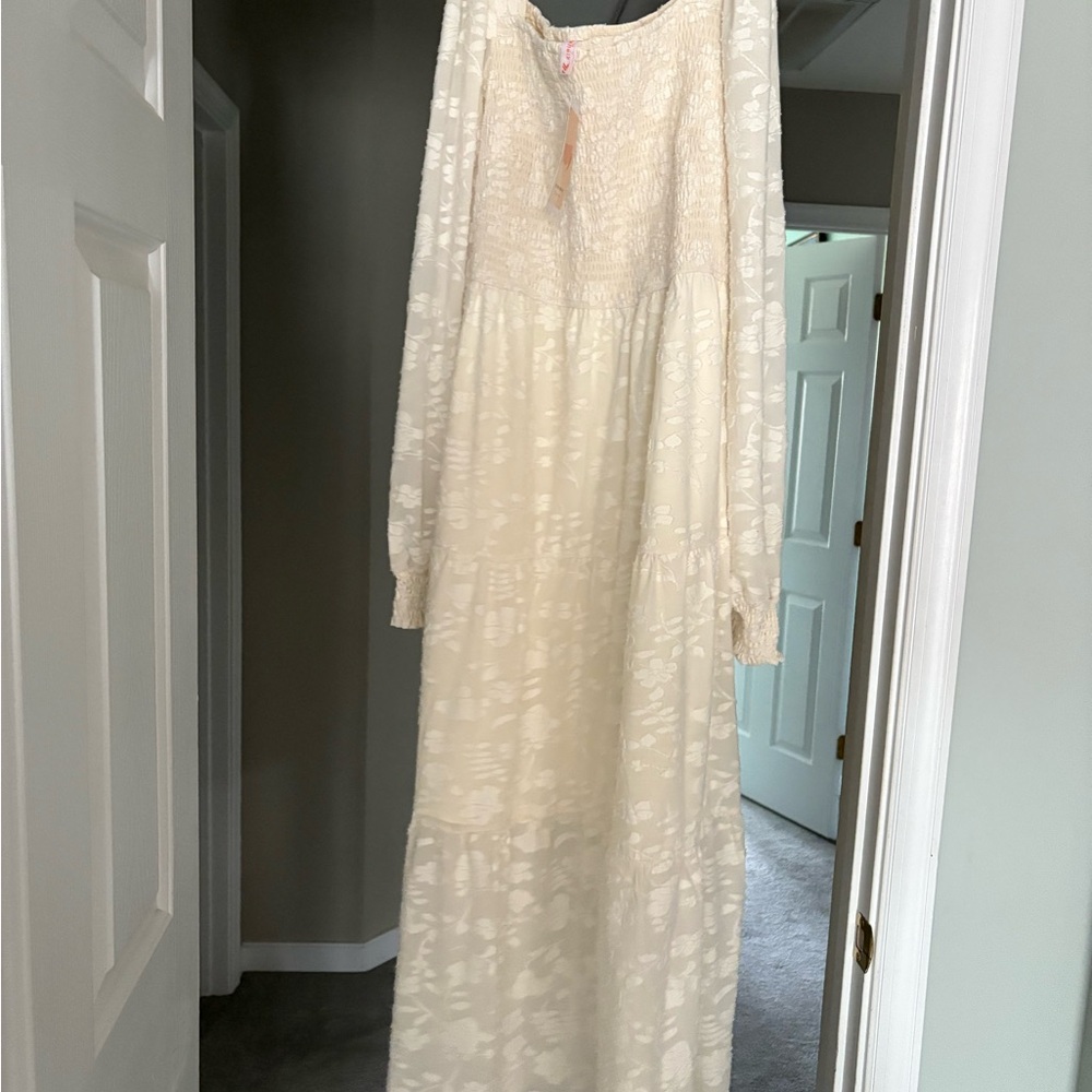 KIRUNDO Cream Long Sleeve Smocked Floral Dress